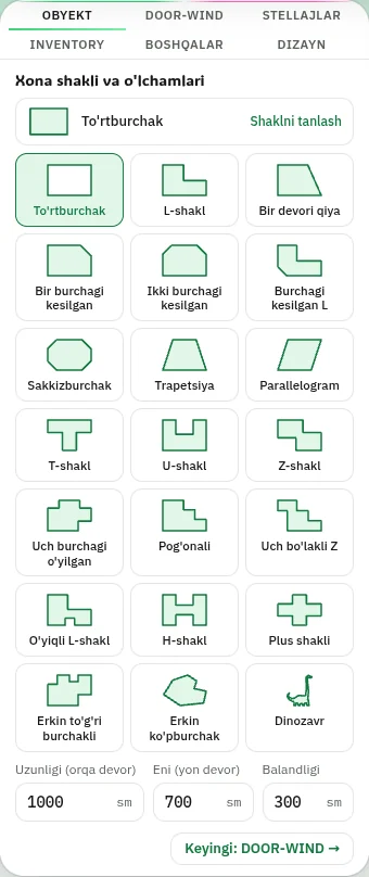 Xona shakllari ro'yxati: to'rtburchak, L, T, U, Z, qiya devorli, sakkizburchak, trapetsiya, erkin ko'pburchak va boshqalar; uzunlik, en va balandlik